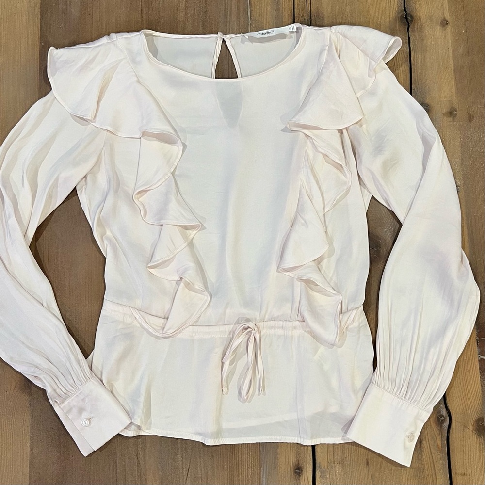 ASTR the Label Champagne Light Pink Blush Ruffle Cinch Waist Satin Blouse